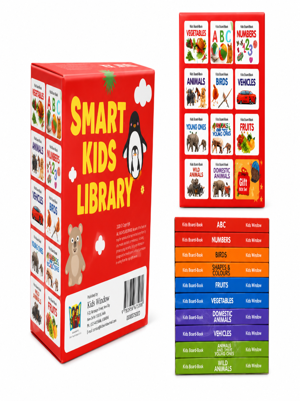 Smart Kids Library – 10 Board Books Gift Box Set | ABC, Numbers, Birds, Fruits, Vegetables, Animals, Vehicles, Shapes & Colours