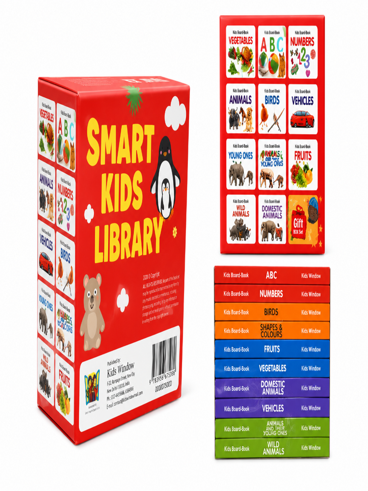 Smart Kids Library – 10 Board Books Gift Box Set | ABC, Numbers, Birds, Fruits, Vegetables, Animals, Vehicles, Shapes & Colours